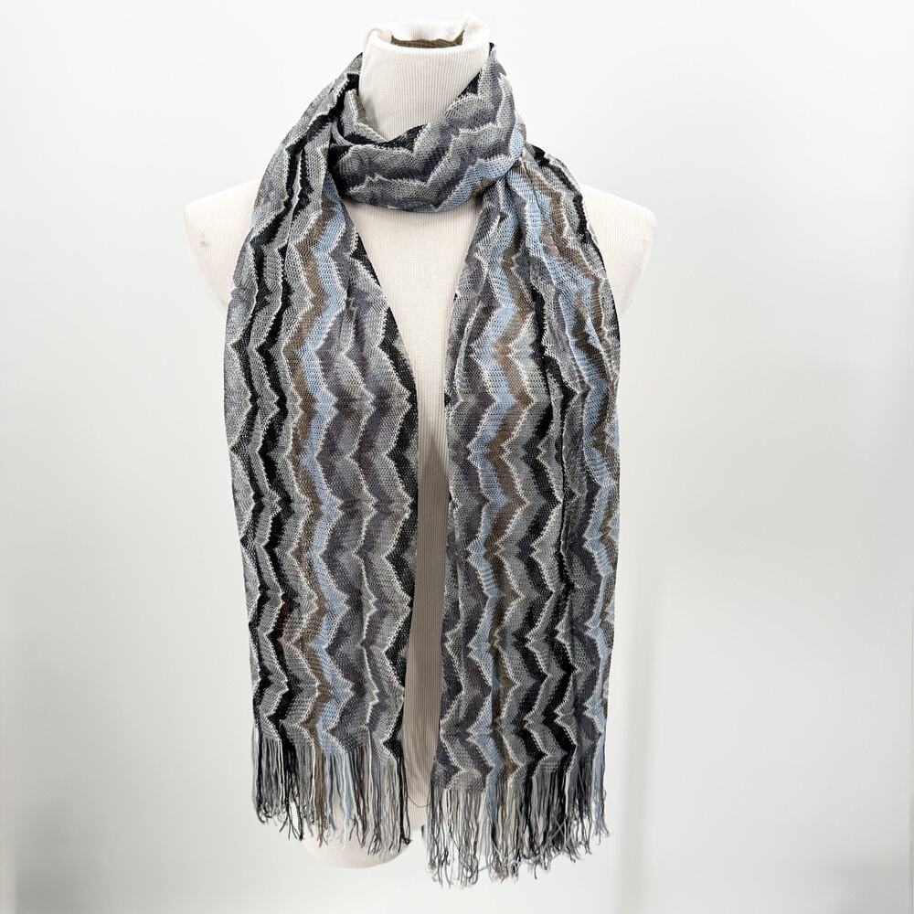 Missoni Chevron Fringe Scarf Blue Brown Gray Black 72" x 30" Made in Italy
